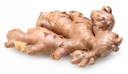 Fresh ginger with green leaves isolated on white background, Ginger root on white background With clipping path.