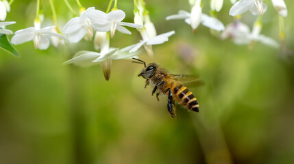 Little Bee collecting pollen at white flower. Bee flying over the white flower in natural green blur background.