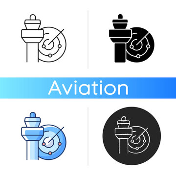 Air Traffic Control Icon. Radar And Control Tower. Civil Aviation Safety. Air Traffic Controller Profession. Airlines Optimization. Linear Black And RGB Color Styles. Isolated Vector Illustrations