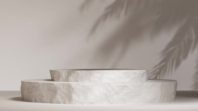 3D Podium for packaging presentation and cosmetic. Product scene with rock stand and a light palm shadow motion. Natural realistic pedestal. Loop animation.