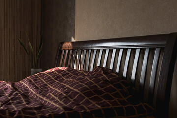 Fototapeta na wymiar Wooden sleeping bed in a dark room