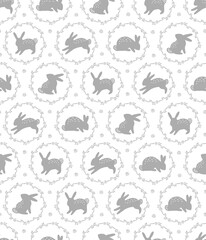 Easter Bunny neutral grey vector seamless pattern. Illustration of spring rabbit in floral wreath for textile or wrapping surface. Happy Easter ornament for Christian spring holidays.