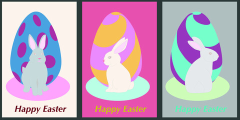 Set of Easter greeting cards and party invitation for Easter egg hunt in cute hand-drawn style with eggs and bunnies.Easter posters or flyers.Vector illustration.