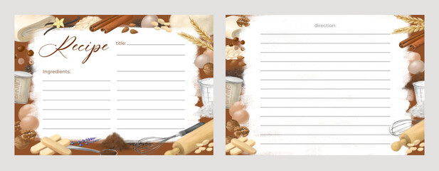 Set of recipe card templates for making notes about preparation of food and cooking ingredients. Clean cookbook pages decorated dough, pastries and nuts.