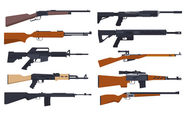Rifle guns types, military and hunting weapon models, vector isolated set. Sniper firearm or hunter carbine, shotgun rifle machines with optical target, Winchester and Kalashnikov blazer