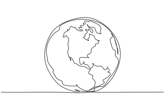 Round Earth Globe. Continuous One Line Drawing Of World Map Minimalist Vector Illustration Design On White Background. Simple Line Draw Modern Graphic Style. Hand Drawn Graphic Concept For Education