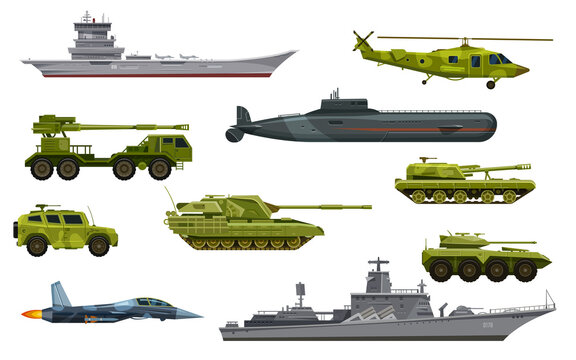 Military transport, army vehicles and war equipment, vector flat icons. Military tank, plane, submarine and helicopter, army artillery, combat weapon and wartime ammunition technics isolated set