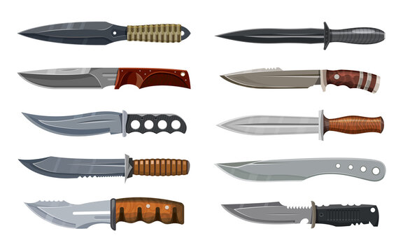 Knives or combat weapon blades, military and hunting daggers, vector different model types. Dirk blades, pocketknife, foldable jackknife or penknife, camper, trapper sword and hunter knife blades