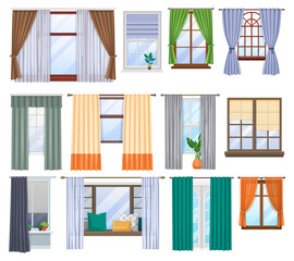 Window and curtains, blind drapes and shutters, vector flat interior of home room. House window and windowsills decor design with classic roller jalousie, modern window frames and pillows on sill
