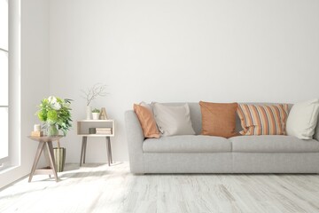 White living room with sofa. Scandinavian interior design. 3D illustration