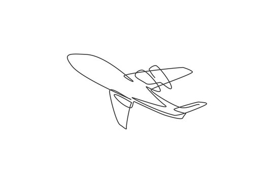 Airplane icon. Continuous one line draw of flying plane minimalist vector illustration design on white background. Isolated simple line modern graphic style. Hand drawn graphic concept for transport