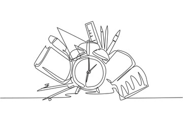 Single continuous line drawing of alarm clock with book, pencil, pen, ruler, compass set. Back to school minimalist style. Education concept. Modern one line draw graphic design vector illustration