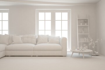 White minimalist living room with sofa. Scandinavian interior design. 3D illustration
