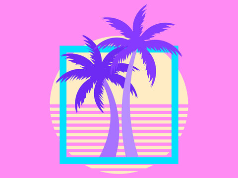 Two palm trees on a sunset 80s retro sci-fi style. Summer time. Futuristic sun retro wave. Design for advertising brochures, banners, posters, travel agencies. Vector illustration