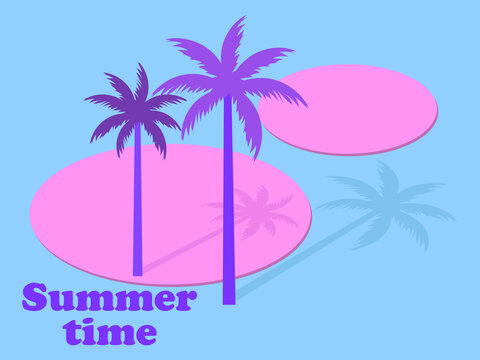Isometric palm trees with shadow. Retrowave 80s style. Design for advertising brochures, banners, posters, travel agencies. Vector illustration