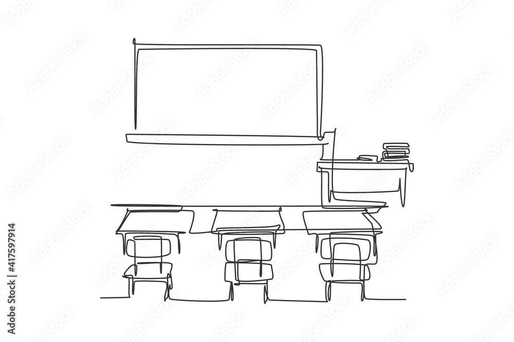 Sticker Continuous one line drawing interior design at school classroom with white board. Back to school hand drawn minimalism concept. Single line draw design for education vector graphic illustration