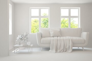 Mock up of stylish room in white color with sofa and green landscape in window. Scandinavian interior design. 3D illustration