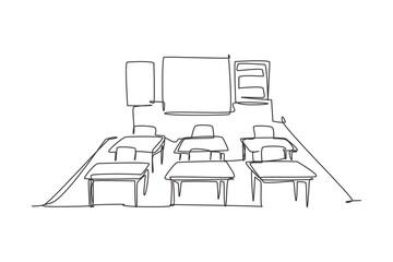 Continuous one line drawing of kindergarten school classroom interior. Back to school hand drawn minimalism concept. Single line draw design for education vector graphic illustration - obrazy, fototapety, plakaty