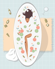 Girl takes a bath with flowers and fruits, top view. Stylish fashion beauty vector illustration for magazines, websites, articles, spa, hotels.