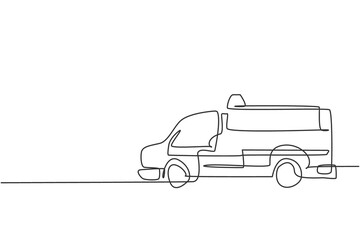 Continuous one line drawing of hospital ambulance car. Rescuer transportation vehicle for first emergency hand drawn minimalist concept. Modern single line draw design vector graphic illustration © Simple Line