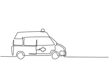 Single continuous line drawing of hospital ambulance vehicle to rescue critical patient. 911 isolated minimalism concept. Dynamic one line draw graphic design vector illustration on white background © Simple Line