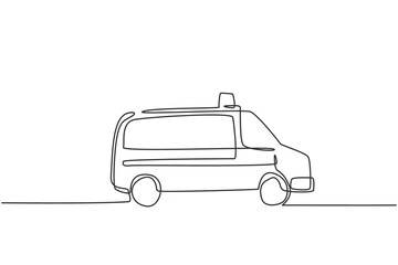 Single one line drawing hospital ambulance car to help injury patient at road accident. Emergency rescue isolated doodle minimal concept. Trendy continuous line draw design graphic vector illustration