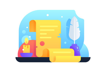 Classic scroll with red seal near feather and candle.