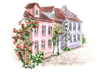 Rural street with houses and rose flowers. Hand drawn watercolor illustration, isolated on white background