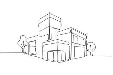 Single continuous line drawing luxury house building at big city. Home architecture property isolated minimalism concept. Dynamic one line draw graphic design vector illustration on white background © Simple Line