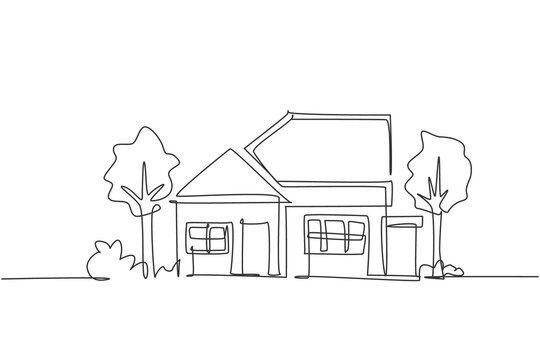 Single Continuous Line Drawing Green Eco Modest House At Village. Home Building Construction Isolated Minimalism Concept. Dynamic One Line Draw Graphic Design Vector Illustration On White Background