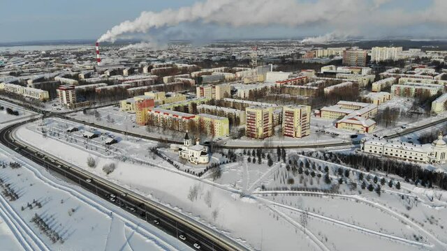  Frozen winter day. Aerial view of Nefteyugansk city.