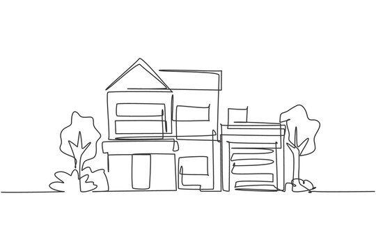 Single One Line Drawing Green Minimalist Modest House In Town. Home Architecture Building Construction Isolated Doodle Minimal Concept. Trendy Continuous Line Draw Design Graphic Vector Illustration