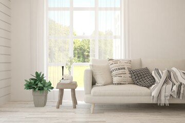 White living room with sofa and summer landscape in window. Scandinavian interior design. 3D illustration