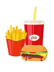 Group Of Fast Food Products. Fast food items-hamburger, fries, hotdog, drink