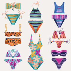 Set of 8 women’s multi-colored swimsuits. Bathing suit various models.