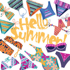 Hello summer! Background with women’s multi-colored bathing suits. Template for card, poster, brochure.
