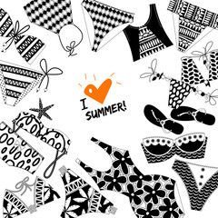 I love summer! Background with women’s black and white bathing suits. Template for card, poster, brochure.