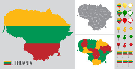 Lithuania vector map with flag, globe and icons on white background