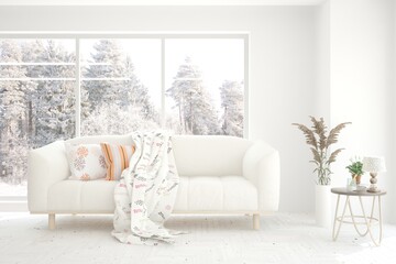 White living room with sofa and winter landscape in window. Scandinavian interior design. 3D illustration