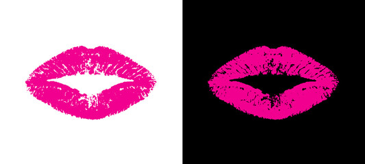 Lips pink. Lipstick pink. Kiss isolated on background. Lips makeup. Imprint pomade. Glamorous kisses for design gift prints. Woman real mouth. Lipstick pucker mark. Decorative element kiss. Vector