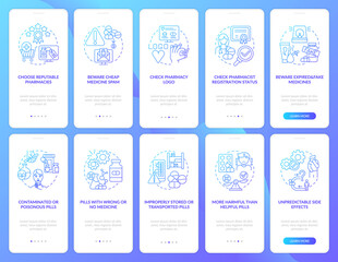 Online pharmacy onboarding mobile app page screen with concepts. Pharmacist registration status walkthrough 10 steps graphic instructions. UI vector template with RGB color illustrations