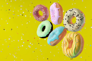 Colorful flying doughnuts with sprinkles on yellow background. Abstract background. Sweet background. 3d render illustration.
