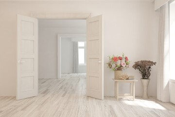 White empty room. Scandinavian interior design. 3D illustration