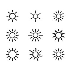 Sun line icon set. Black sun outline group. Warm weather linear symbol collection. Vector isolated on white