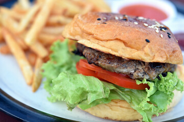 Close-up view, Easy homemade burgers with blurred french fries is background.