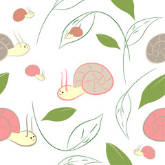 Seamless vector pattern with hand drawn snail and leaves isolated on white background. Cartoon character design, flat vector illustration