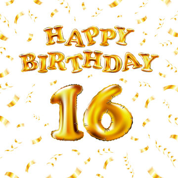 16 Happy Birthday message made of golden inflatable balloon sixteen letters isolated on white background fly on gold ribbons with confetti. Happy birthday party balloons concept vector illustration