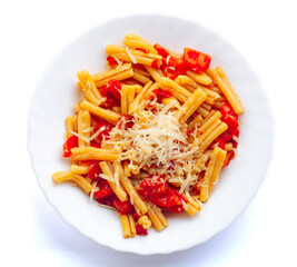 Pasta with tomato sauce and parmesan cheese.
