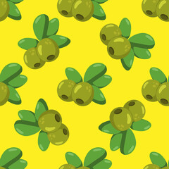 Green Olives seamless pattern on yellow background vector for kitchen towels design, home decor, diet and vegan cards, banners, wrapping paper, posters, scrapbooking, pillow and fabric. 