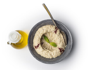 Lebanese plate of Moutabbal, Lebanese food of cooked eggplant isolated on white, Clipping path included.